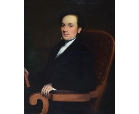 19th Century English School - Oil on canvas - Half length portrait of a young man seated and wearing a black coat and high wh