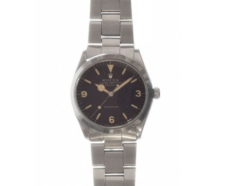 Rolex - Explorer Oyster Perpetual Precision wristwatch, ref: 5500, signed black dial with line batons, Arabic numerals at 3, 