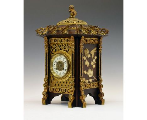 Unusual late 19th Century French Aesthetic School gilt metal-mounted mahogany bracket or mantel clock, in the Japanesque tast