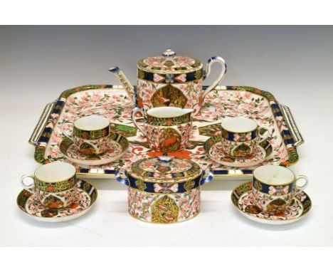 Late Victorian Royal Crown Derby tea service with tray, comprising: an oblong two handled tray with re-entrant corners, an ov