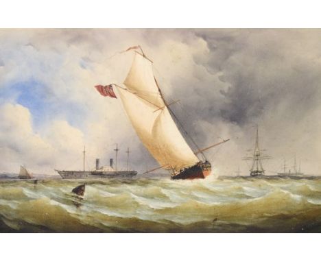 19th Century English School - Seascape with a Big Class gaff rigged racing cutter, a paddle steamer and other vessels, unsign
