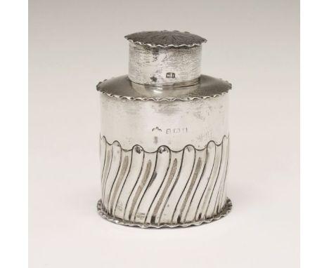 Edward VII silver tea caddy and cover having embossed wrythened decoration, sponsors mark of Elkington & Co, Birmingham 1908,