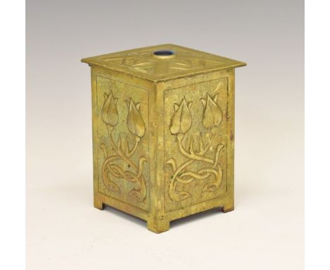 Late 19th/early 20th Century Art Nouveau design brass tea caddy having embossed stylised foliate decoration on a hammered gro
