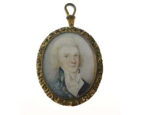 19th Century English School - Oval miniature - Portrait of a young 18th Century gentleman, the pinchbeck brooch frame with a 