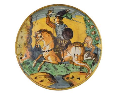 Montelupo pottery dish, 17th/18th Century, polychrome decorated with a swordsman on horseback, 32cm diameter  Condition: Has 