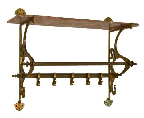 Early 20th Century brass overhead luggage rack having an associated marble shelf over one tubular and one square section rail