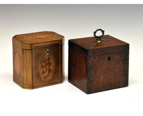 George III inlaid mahogany tea caddy having canted corners, the front and the hinged cover with shell inlay, 12.25cm wide, to