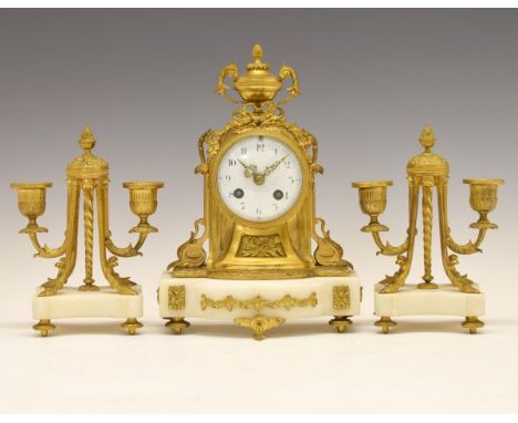 Late 19th Century French white marble and gilt metal three piece clock garniture with white enamelled Arabic dial, the two tr