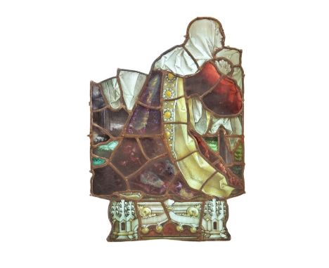 19th Century stained and leaded glass panel depicting a kneeling Virgin, 55.5cm x 42.5cm  Condition: There are at least two s
