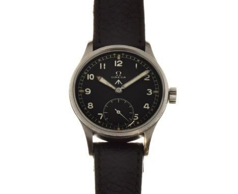 Omega - World War II British Military Issue 'Dirty Dozen' wristwatch, signed black dial with Broad Arrow, sub-seconds, lumino