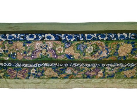 19th Century Chinese silk and gold braid embroidered panel decorated with butterflies amongst scrolling stylised foliage, emb