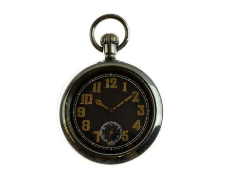 World War I British Military Issue pocket watch, the black dial with subsidiary seconds, luminous Arabic numerals and hands, 