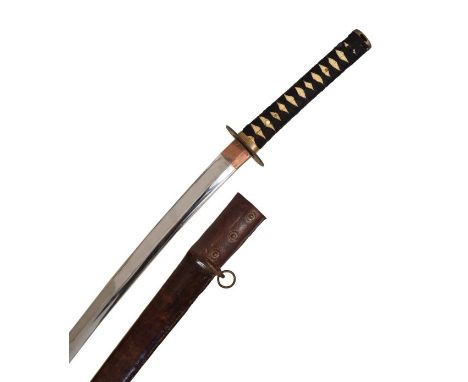 Katana style Japanese sword, slightly curved, single edged polished blade 71cm, tape bound ray-skin grip, one menuki, old iro