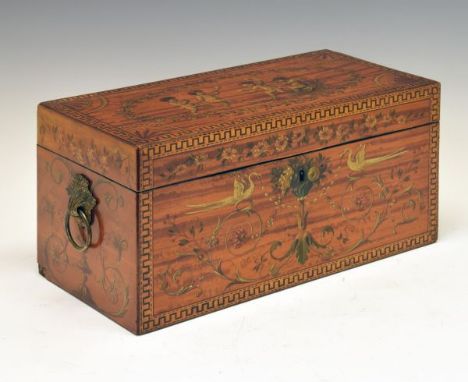 19th Century satinwood tea caddy having inlaid banding and with allover neo classical painted decoration depicting dancing pu