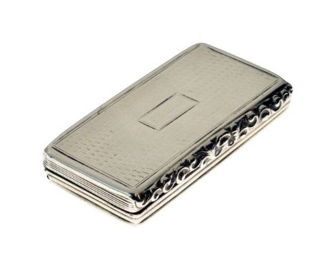 William IV silver rectangular snuff box having engine turned decoration, the front edge of the hinged cover with chased scrol