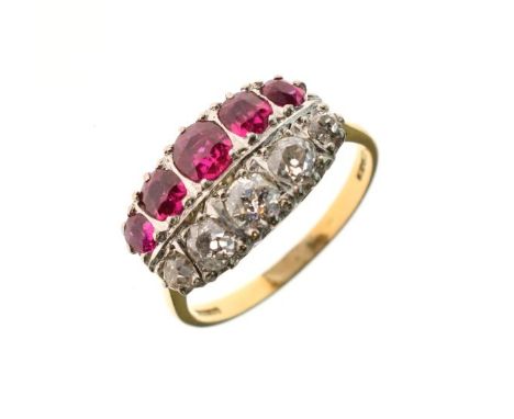 Diamond and synthetic ruby ring, stamped '18ct Plat', a graduated row of five old cut brilliants across the finger to one sid