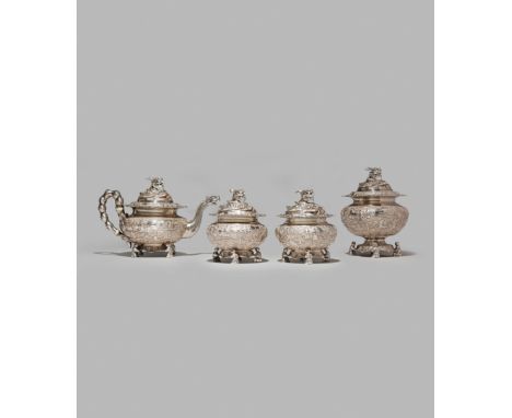 * A FINE CHINESE SILVER TEA SERVICE, MID 19TH CENTURY Of heavy gauge, comprising a teapot and cover and three further ovoid b