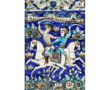 A QAJAR CERAMIC TILE, 19TH CENTURY Moulded and painted with two equestrian figures fighting with swords before a palace, 26cm
