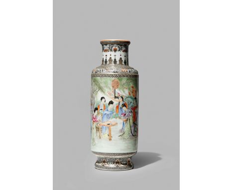 A CHINESE FAMILLE ROSE ROULEAU VASE, REPUBLIC PERIOD The cylindrical body painted with thirteen ladies in a garden, engaged i