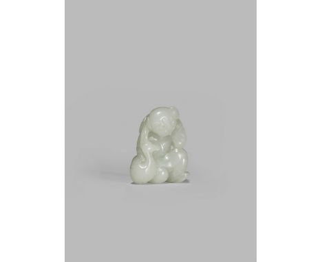 A SMALL PALE CELADON JADE CARVING OF A BOY, QING DYNASTY Crouching with a goose at his side, a happy expression on his face, 