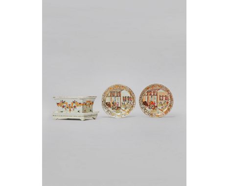 TWO CHINESE FAMILLE ROSE SAUCERS, 18TH CENTURY Each with a central roundel containing figures engaged in tea production, the 