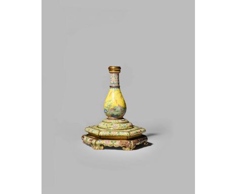 A RARE CHINESE IMPERIAL BEIJING ENAMEL SMALL ‘QUAIL AND MILLET’ VASE , FOUR CHARACTER QIANLONG MARK AND OF THE PERIOD 1736-95