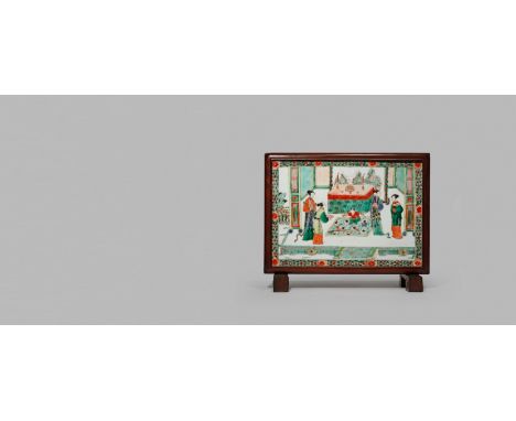 A CHINESE FAMILLE VERTE DOUBLE-SIDED TILE, KANGXI 1662-1722 The rectangular tile painted to one side with a scene depicting t