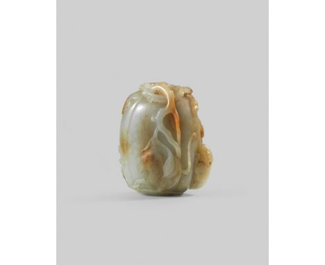 A CHINESE CELADON JADE CARVING OF A MELON, QIANLONG 1736-95 The large fruit issuing from a gnarled stem, with leaves and tend