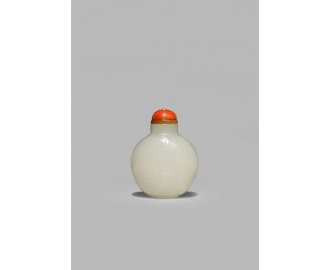 A FINE CHINESE WHITE JADE SNUFF BOTTLE, 1750-1820 The ovoid body carved in shallow relief with a large fruit issuing from a g