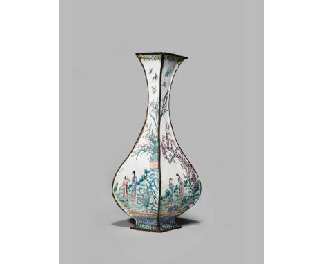 A CHINESE CANTON ENAMEL VASE, QING DYNASTY The lozenge-section body decorated with figures beneath bamboo, flowers, and prunu