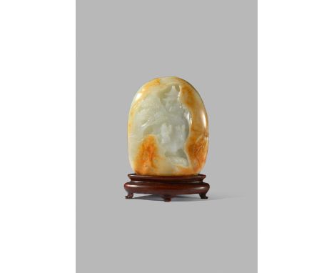 A CHINESE PALE CELADON JADE BOULDER CARVING, QING DYNASTY Carved in shallow relief as a mountain, one side depicting a schola