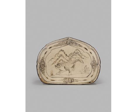 A CHINESE CIZHOU PILLOW, SONG DYNASTY 960-1279 AD The ruyi head-shaped top painted with a tiger in a mountainous landscape, w