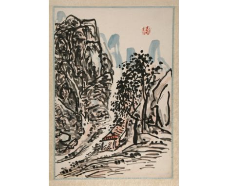 A CHINESE PAINTING ON PAPER ATTRIBUTED TO HUANG BINHONG, FIRST HALF 20TH CENTURY Depicting a small hut beneath trees surround