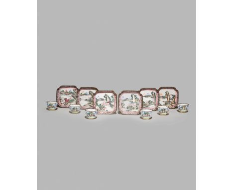 A SET OF SIX CHINESE CANTON ENAMEL CUPS, 18TH/19TH CENTURY Together with six matching square trays, painted in famille rose e