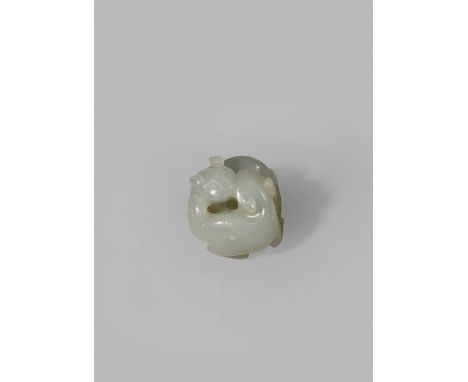 #A SMALL CHINESE PALE CELADON JADE CARVING OF TWO CATS, QING DYNASTY The two felines huddled together, their noses touching, 