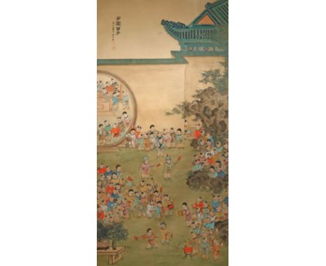 A LARGE CHINESE PAINTING ON SILK, 20TH CENTURY Depicting many boys playing in a garden, with two lines of calligraphy and two