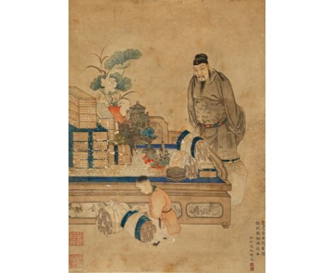 A CHINESE SCROLL PAINTING ON PAPER IN THE STYLE OF LI BO, QING DYNASTY Depicting a scholar overseeing a small boy who is pack