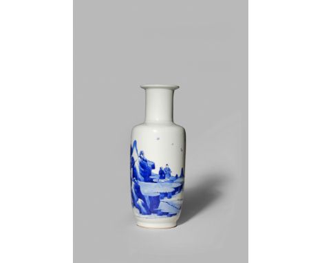 A CHINESE BLUE AND WHITE SMALL ROULEAU VASE, KANGXI 1662-1722 The tall cylindrical body brightly painted in underglaze blue w