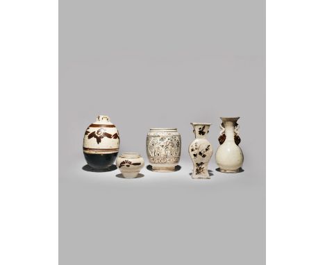 FIVE CHINESE CIZHOU VASES, SONG/MING DYNASTY One of cylindrical form, decorated with three shaped panels containing figures w