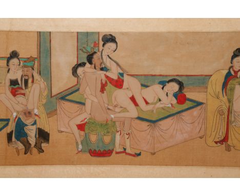 A CHINESE EROTIC SCROLL PAINTING, LATE QING DYNASTY Depicting eleven scenes of figures, couples and groups, engaged in daily 