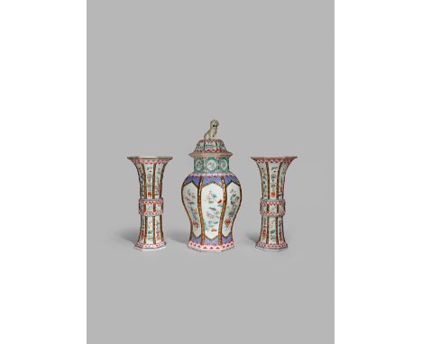 A LARGE CHINESE FAMILLE ROSE BALUSTER VASE AND COVER AND TWO BEAKER VASES, MID-18TH CENTURY Of octagonal section painted with