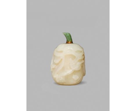 A CHINESE PALE CELADON JADE SNUFF BOTTLE, QING DYNASTY Carved as a melon with a bat and a monkey, the stopper in green jade, 