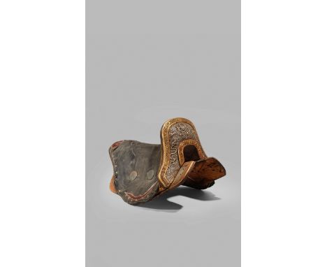 A CHINESE SADDLE, LATE QING DYNASTY The seat secured with studs, the pommel with gilt metal repoussé decoration to the exteri