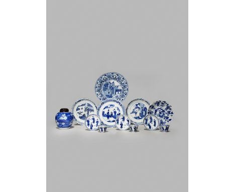 A SMALL COLLECTION OF CHINESE BLUE AND WHITE ITEMS, KANGXI 1662-1722 Comprising a small ovoid jar painted with prunus on a cr