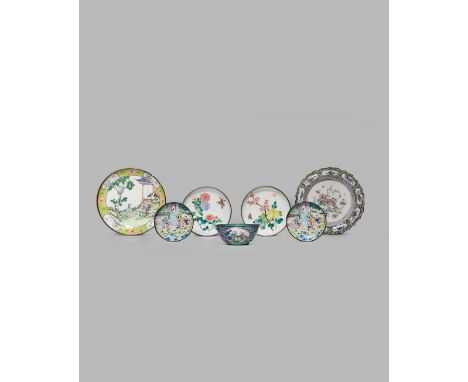SIX CHINESE CANTON ENAMEL FAMILLE ROSE DISHES, 18TH CENTURY AND LATER And a small bowl, one dish with a scalloped edge, the o