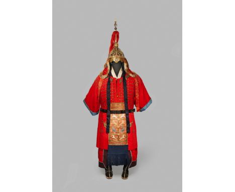 A KOREAN MILITARY UNIFORM, 20TH CENTURY  The helmet with a tall jade enamelled and horse hair finial and with gilt dragon and