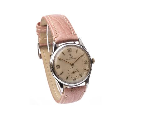 GENTLEMAN'S TUDOR SHOCK RESISTING STAINLESS STEEL MANUAL WIND WRIST WATCH, the round white dial with applied gold coloured Ar
