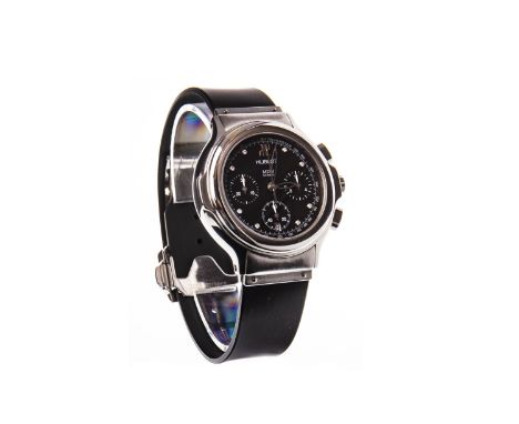 GENTLEMAN'S HUBLOT MDM GENEVE STAINLESS STEEL QUARTZ WRIST WATCH, the round black dial with diamond set hour markers, subsidi