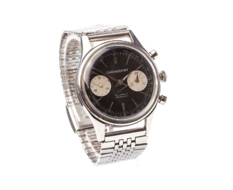 A GENTLEMAN'S CHRONOSPORT STAINLESS STEEL MANUAL WIND WRIST WATCH, the round black dial with applied stainless steel baton ho