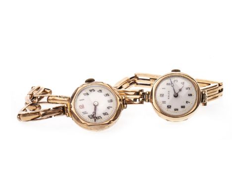 TWO LADY'S EARLY TWENTIETH CENTURY MANUAL WIND WRIST WATCHES, one by Rolco, the round white enamel dial with Arabic numerals 